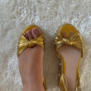 Gucci Gold Leather Strappy Knotted Pearl Embellished Espadrille Ankle St…